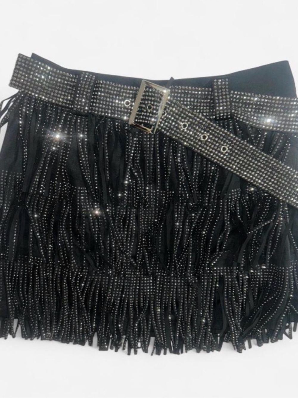 Kiwi Black Fringe Mini Skirt with Rhinestone Belt